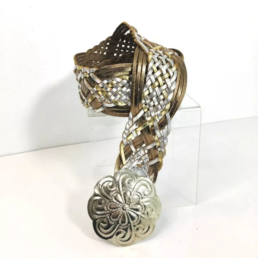 Metallic Silver Gold Braided Leather Sz S Belt 36” Large Metal Medallion Closure